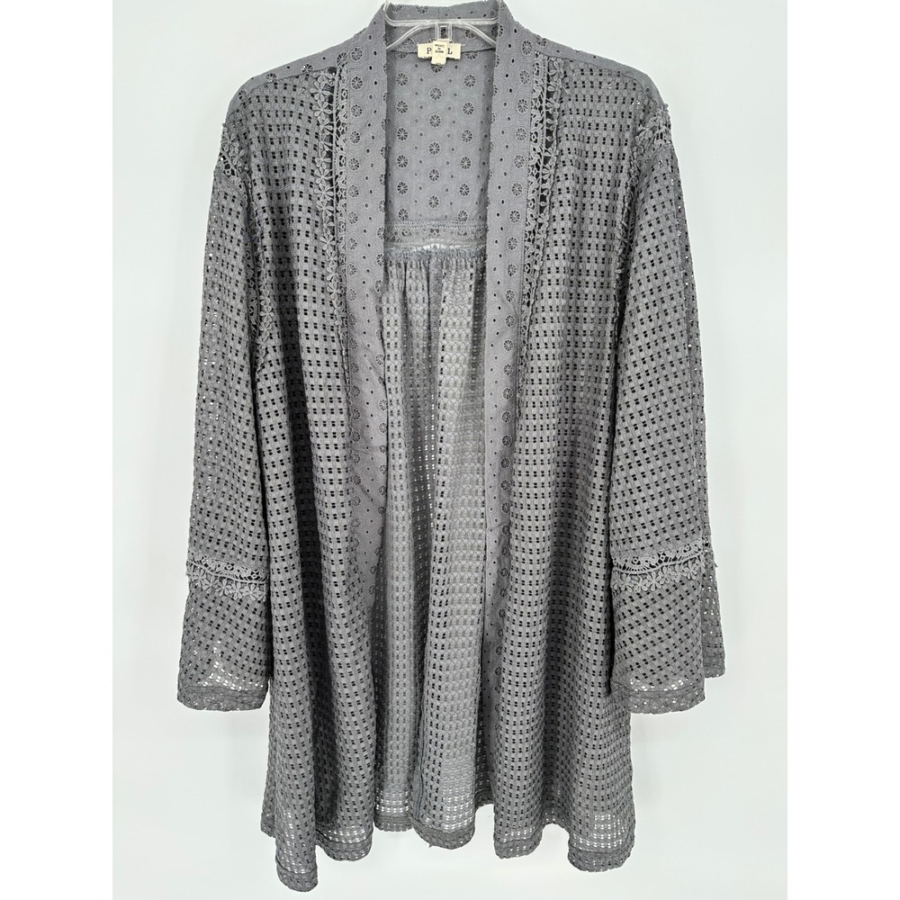 POL Womens Gray Eyelet Lace Open Front Cardigan Boho Layering Top Size M/L